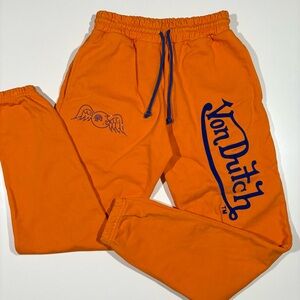 🔥 Von Dutch Orange Jogger Sweatpants Blue Rhinestone Eye Logo Size Small